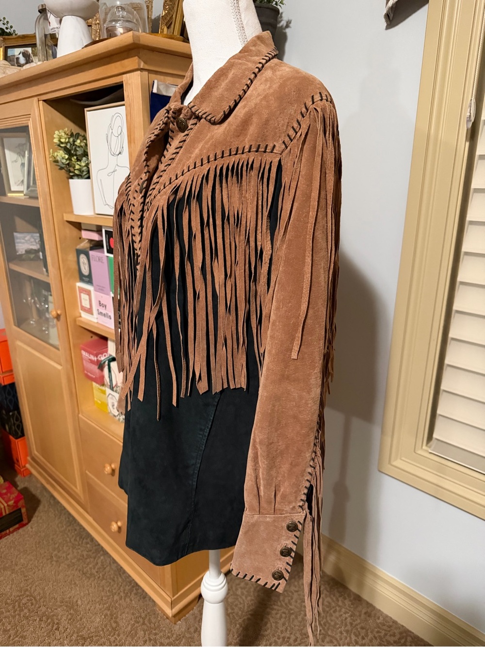 80s Bob Mackie Vintage Fringed Leather Suede Western Jacket Brown & Black Size L - Picture 14 of 15